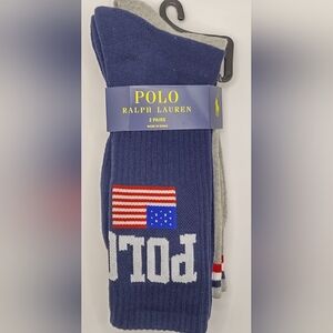 Ralph Lauren men's Crew Socks POLO USA Flag Navy Gray 2 Pair Cotton Blend